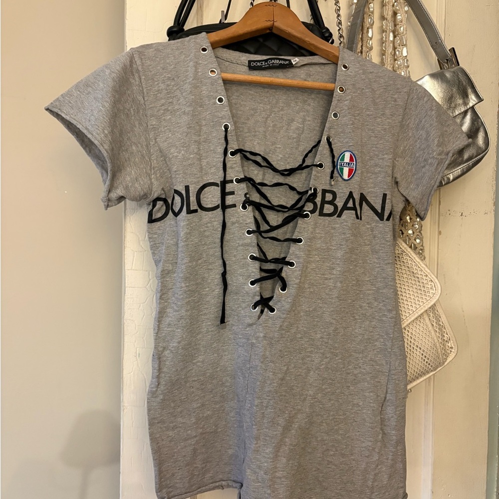 Vintage Dolce & Gabbana Gray Lace-Up Short Sleeve Tee